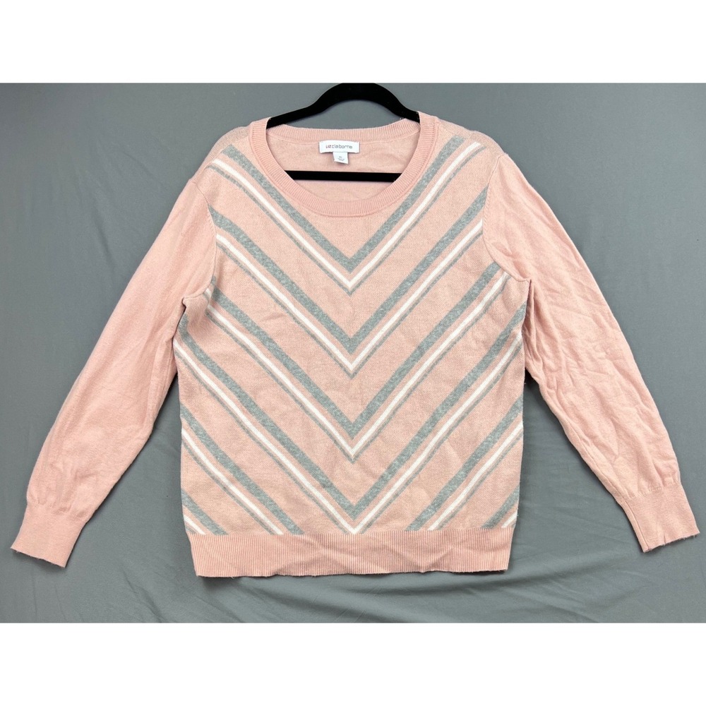Liz Claiborne Sweater Womens XL Chevron Stripe Pink Grey Crewneck Knit Good